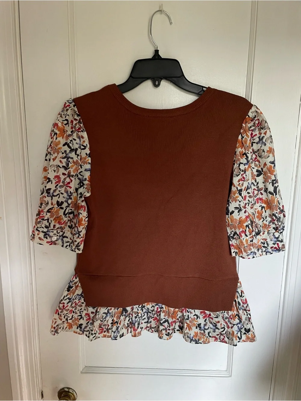 Anthropologie Rust Layered Peplum Top with Faux Vest Sz S Floral Puff Sleeves - Picture 4 of 4